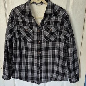 Flannel, Fleeced Lined Black and White Plaid Button-Up Shirt